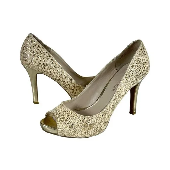 AUDREY Brook Peep Toe Heels Quillan Gold Cross Stitch size 9.5 - Picture 1 of 13